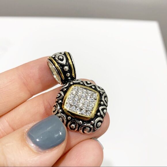 PENDANT Silver/Gold Tone w/black Enamel and Stones - Picture 1 of 3